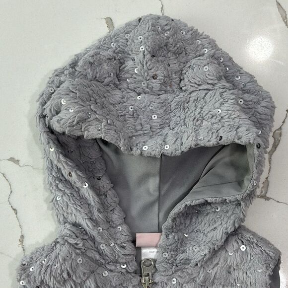 Little Lass | Grey Fleece Faux Fur Sequins Hooded Full Zip Vest Size 4 - Picture 6 of 12
